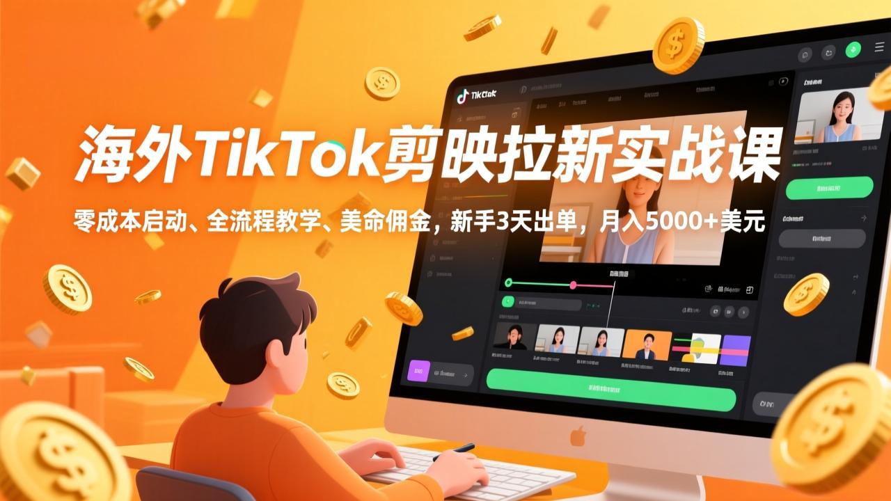 海外TikTok剪映拉新实战课，零成本启动、全流程教学、美金佣金，新手3天出单，月入5000+美元-十一
