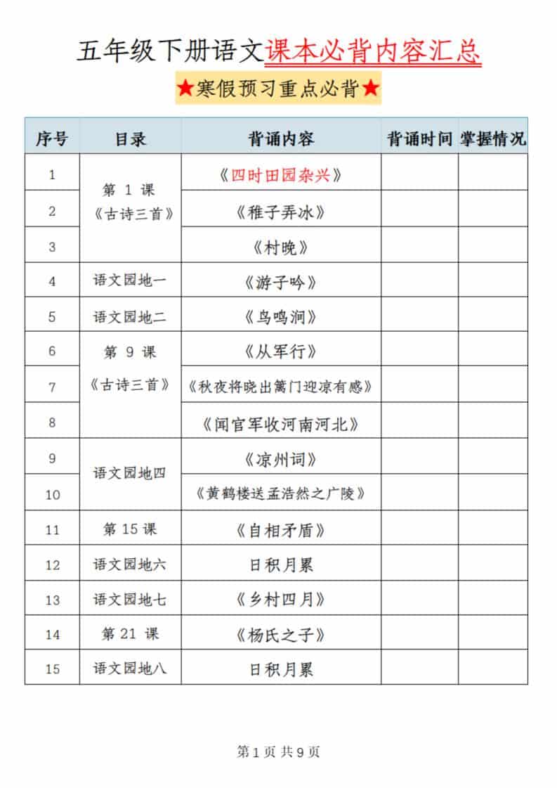 五年级(下）语文课本必背内容汇总-十一