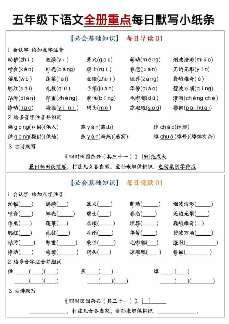五年级下语文全册重点知识点每日默写小纸条1 - 十一-十一