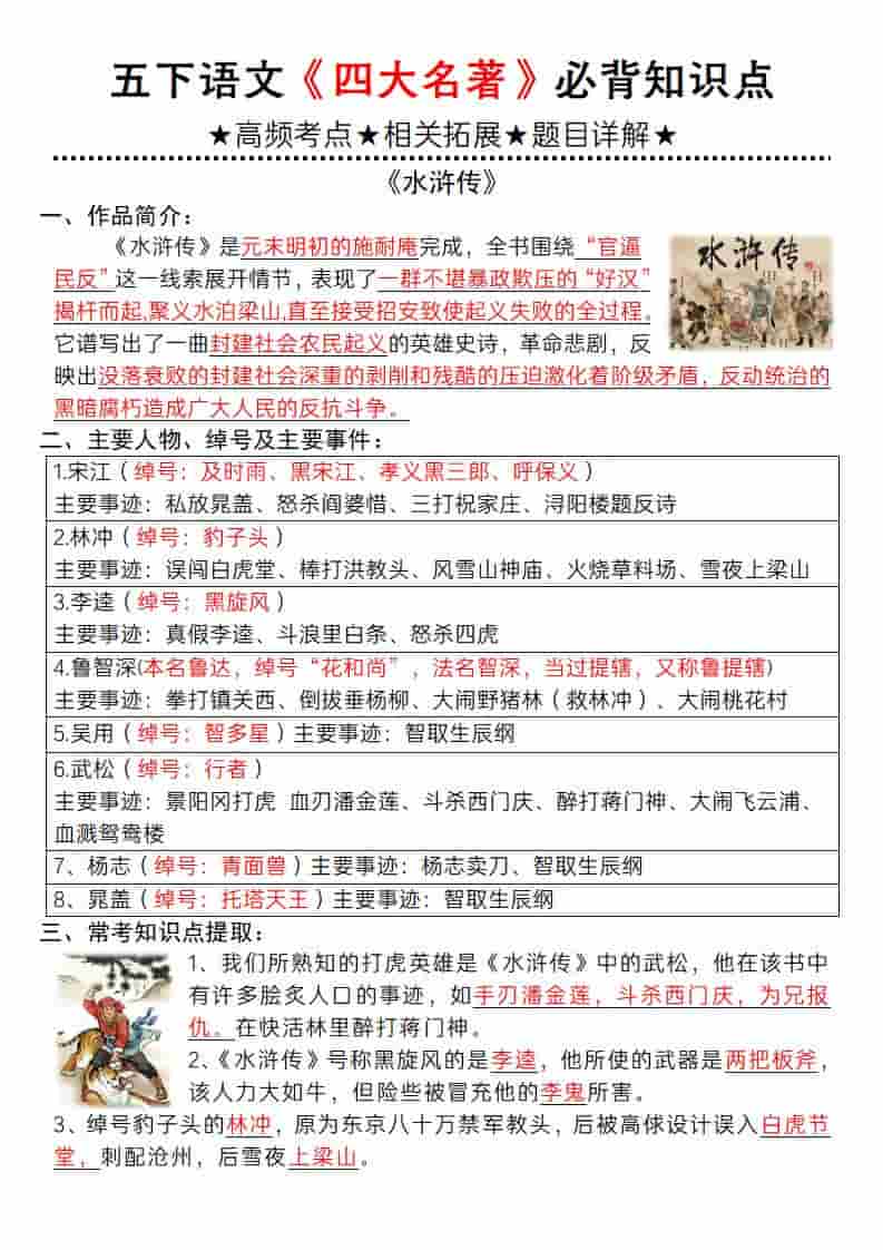 五年级下语文《四大名著》必背知识点-十一