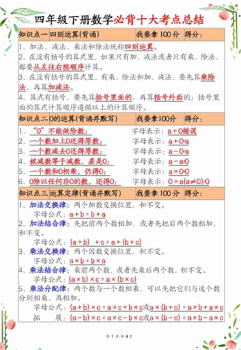 四年级下数学十大必背考点总结-十一