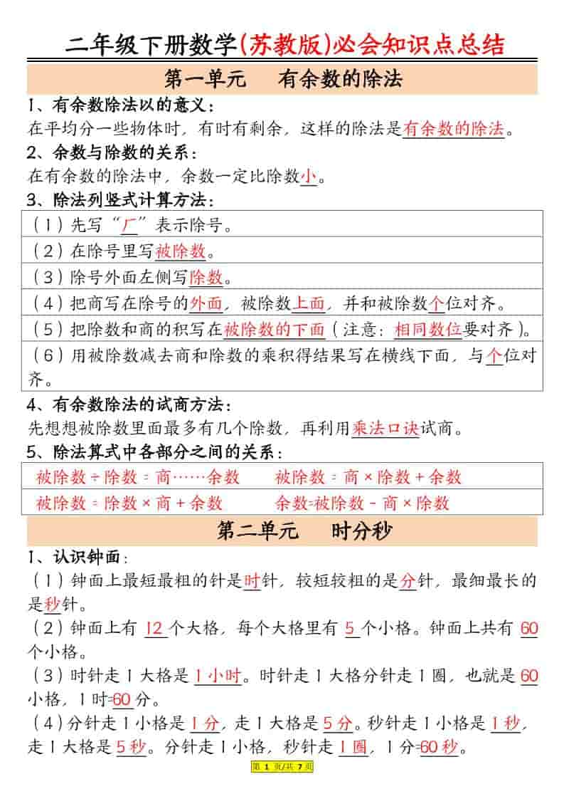 二年级下数学必会知识汇总《苏教版》 - 十一-十一