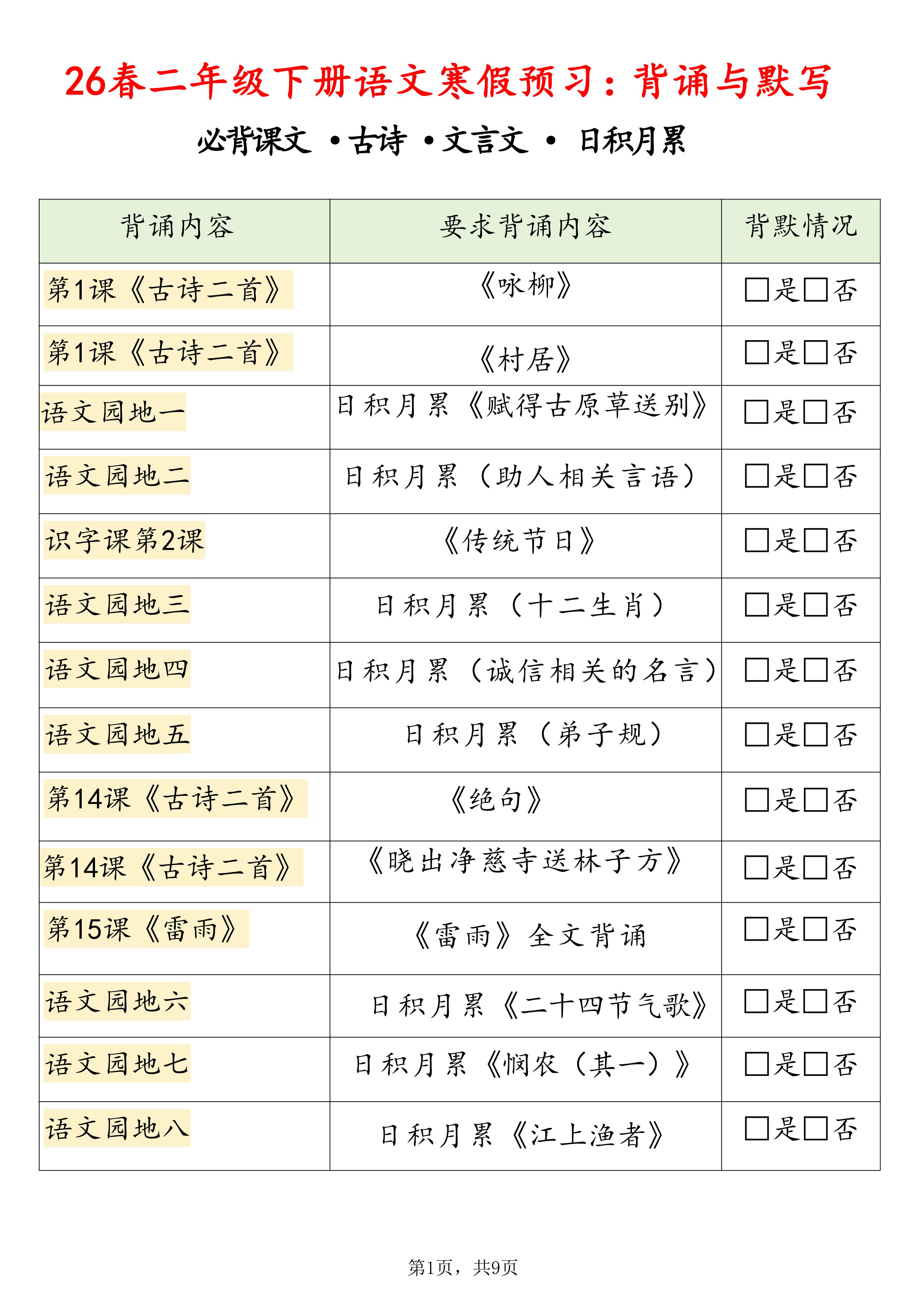 26春二下语文寒假预习背诵与默写（必背课文、古诗、文言文、日积月累）9页修订版-十一