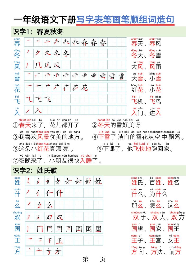 一年级下语文写字表笔画笔顺组词造句-十一