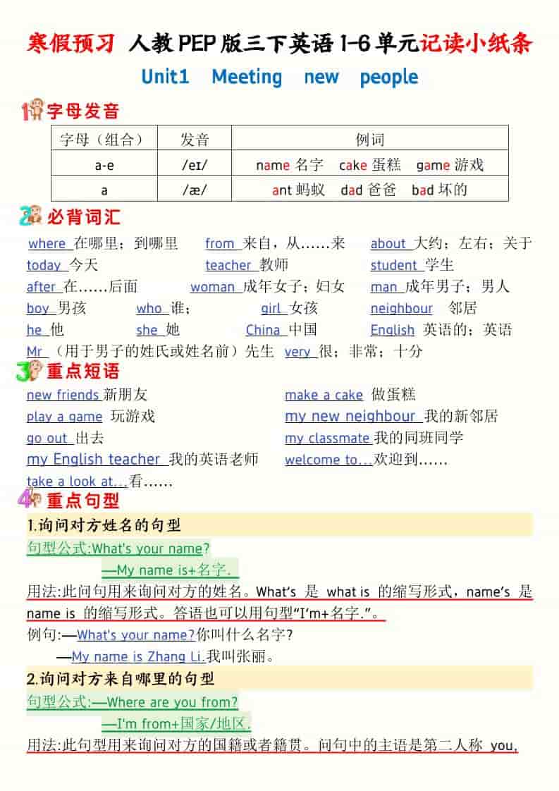 三年级下英语寒假预习1-6单元记读小纸条《人教版PEP》 - 十一-十一