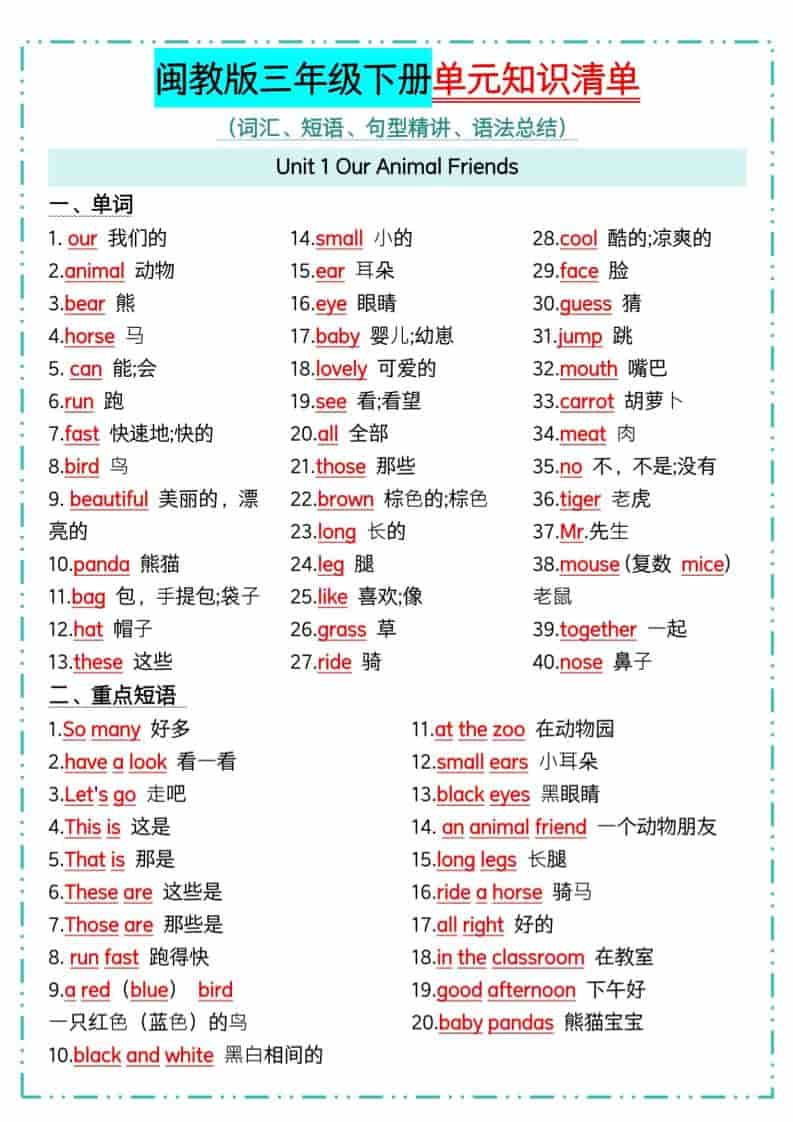 三年级下英语1-6单元知识点汇总《闽教版》-十一