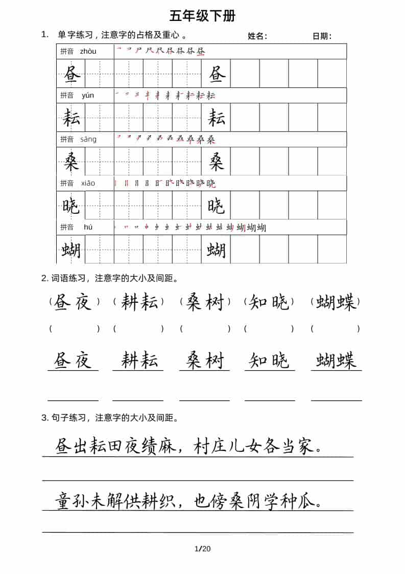 五年级下语文卷面书写练习 - 十一-十一