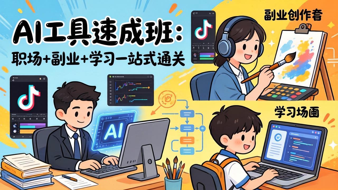 AI工具速成班：职场+副业+学习一站式通关，20+爆款类型+剪映技巧+抖音算法，0基础快速上手 - 十一-十一