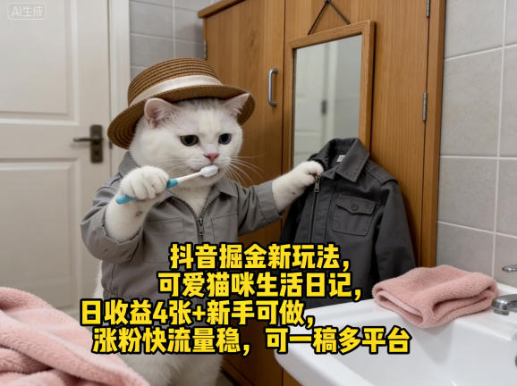 抖音掘金新玩法，可爱猫咪生活日记，日收益4张+新手可做，涨粉快流量稳，可一稿多平台 - 十一-十一
