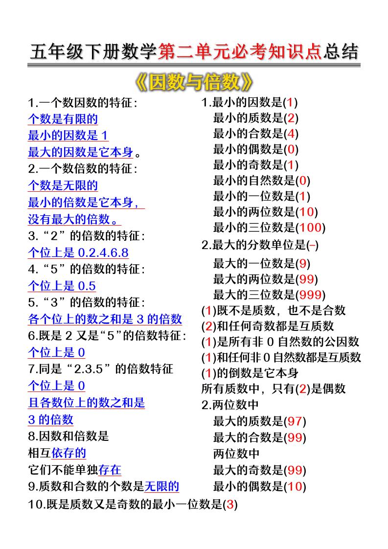 五年级下数学第二单元必考知识点总结-十一