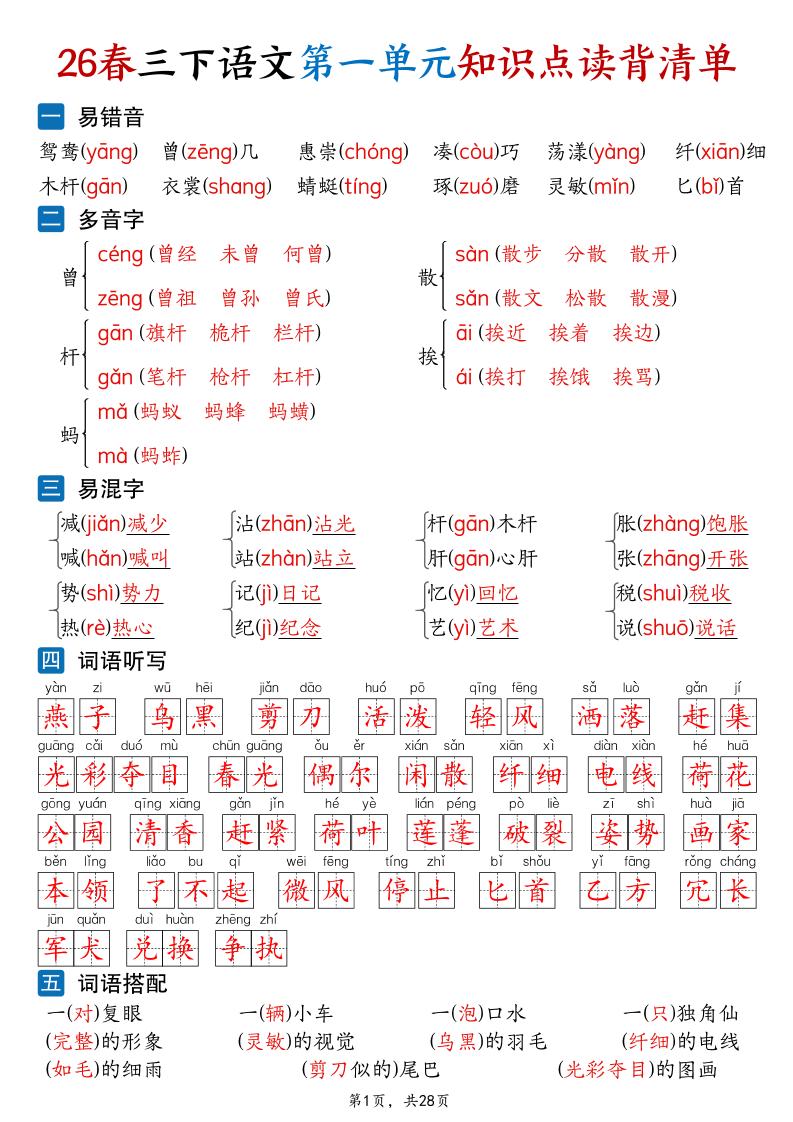 26新三年级下语文1-8单元知识点读背清单（28页）-十一