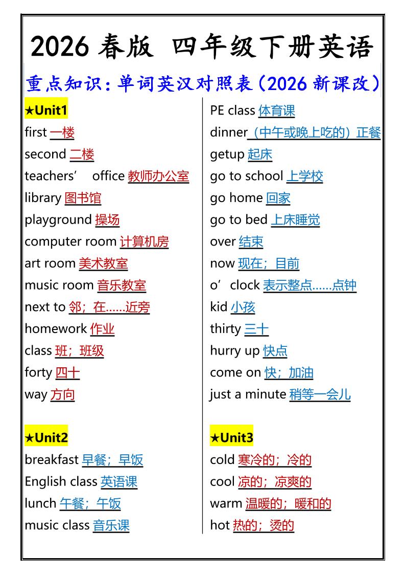 2026春新版四年级下英语重点知识：单词英汉对照表《人教版PEP》-十一